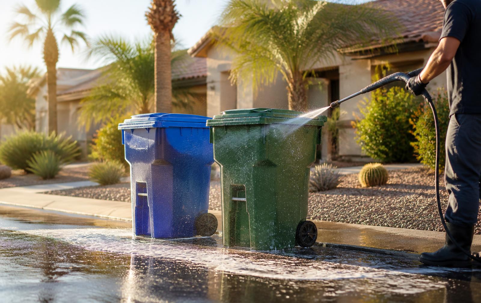 A residential trash can being rinsed clean at the curb in a sunny Phoenix neighborhood
